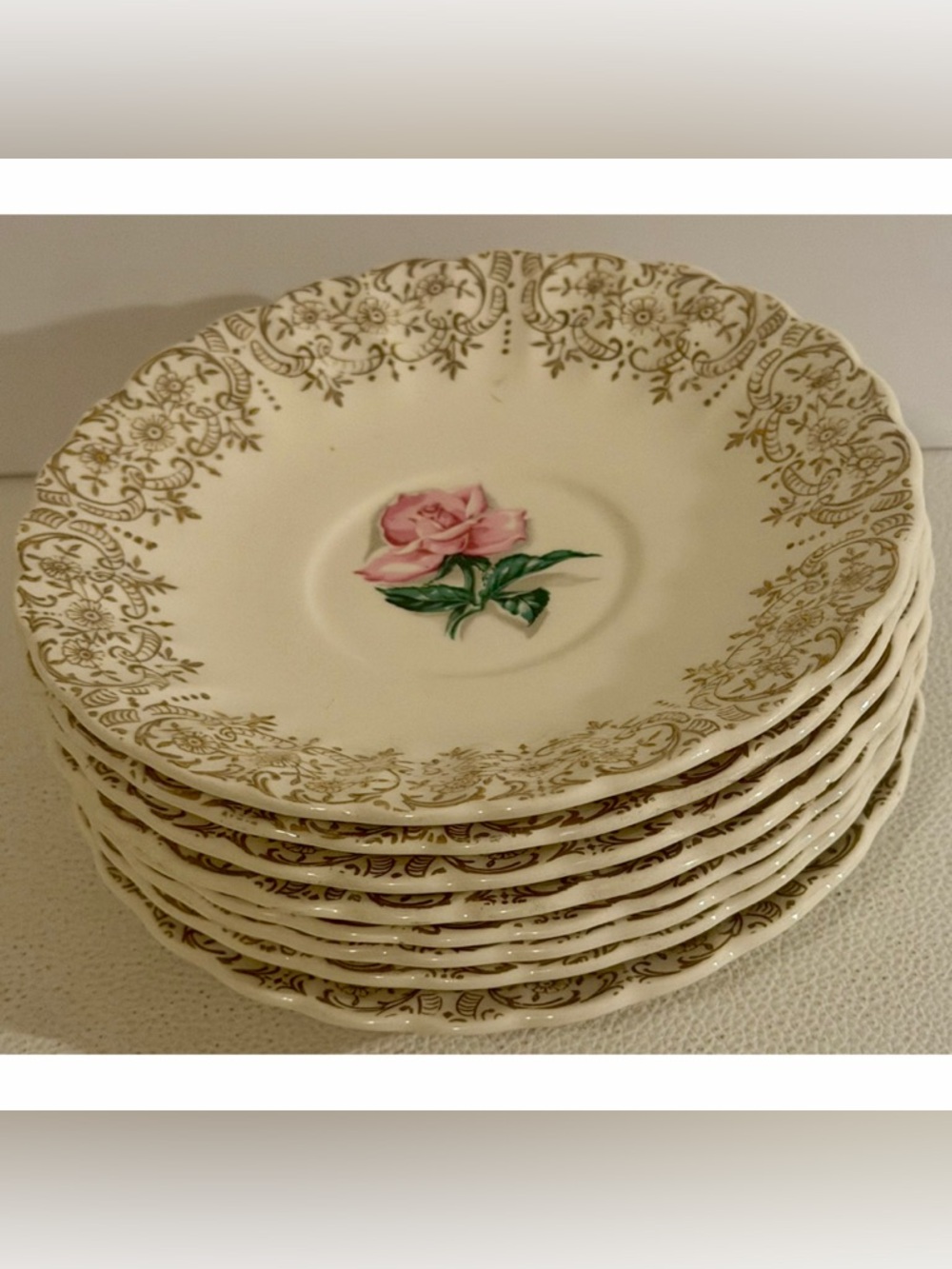 Vintage American Limoges Le Fleur Rouge Set of 8 Saucer Plates Rose 22K Gold USA